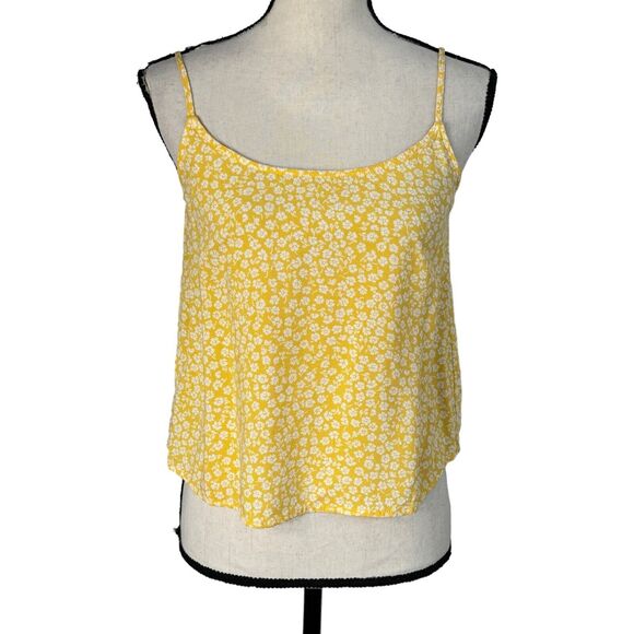Divided JRS X-Small Cropped Tank Top Floral Spaghetti Straps Lightweight Yellow - Picture 1 of 8